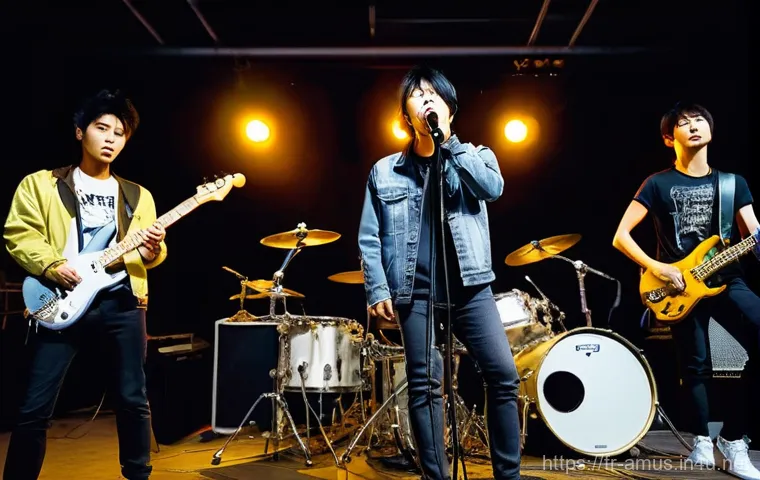 Mayday  五月天 의 밴드 신에서의 혁명적 존재 - **Prompt:** A vivid, nostalgic illustration of the Taiwanese rock band Mayday in their formative yea...